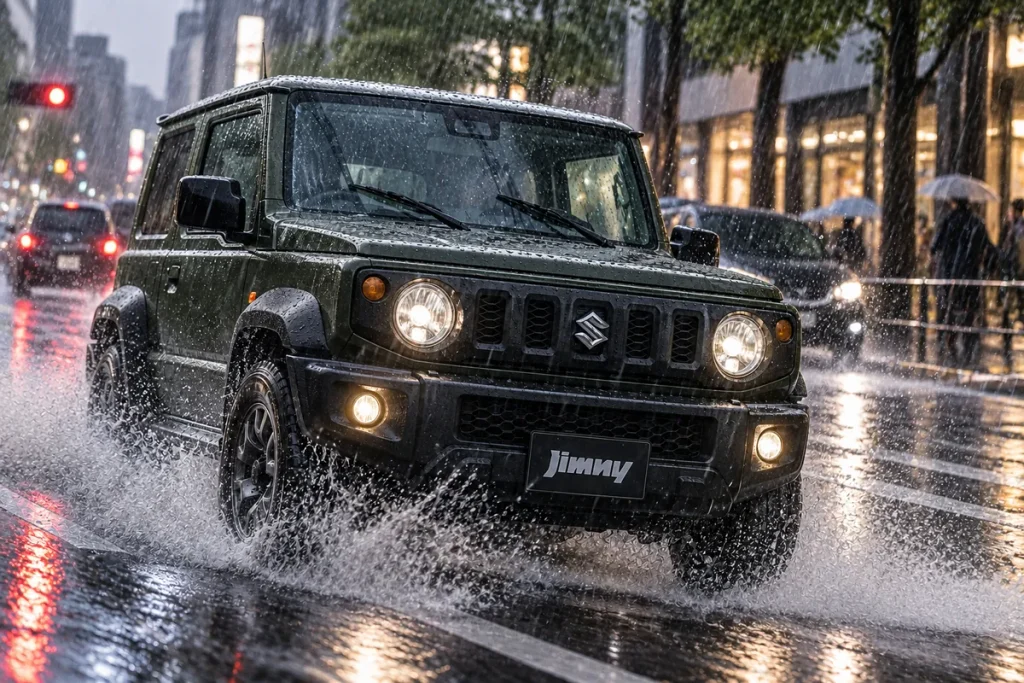豪雨の中を走るスズキジムニー